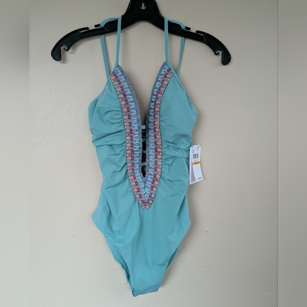 NWT! Becca Fiesta Plunge-neck One Piece Swimsuit, Mineral/Turquoise (SIZE SMALL)